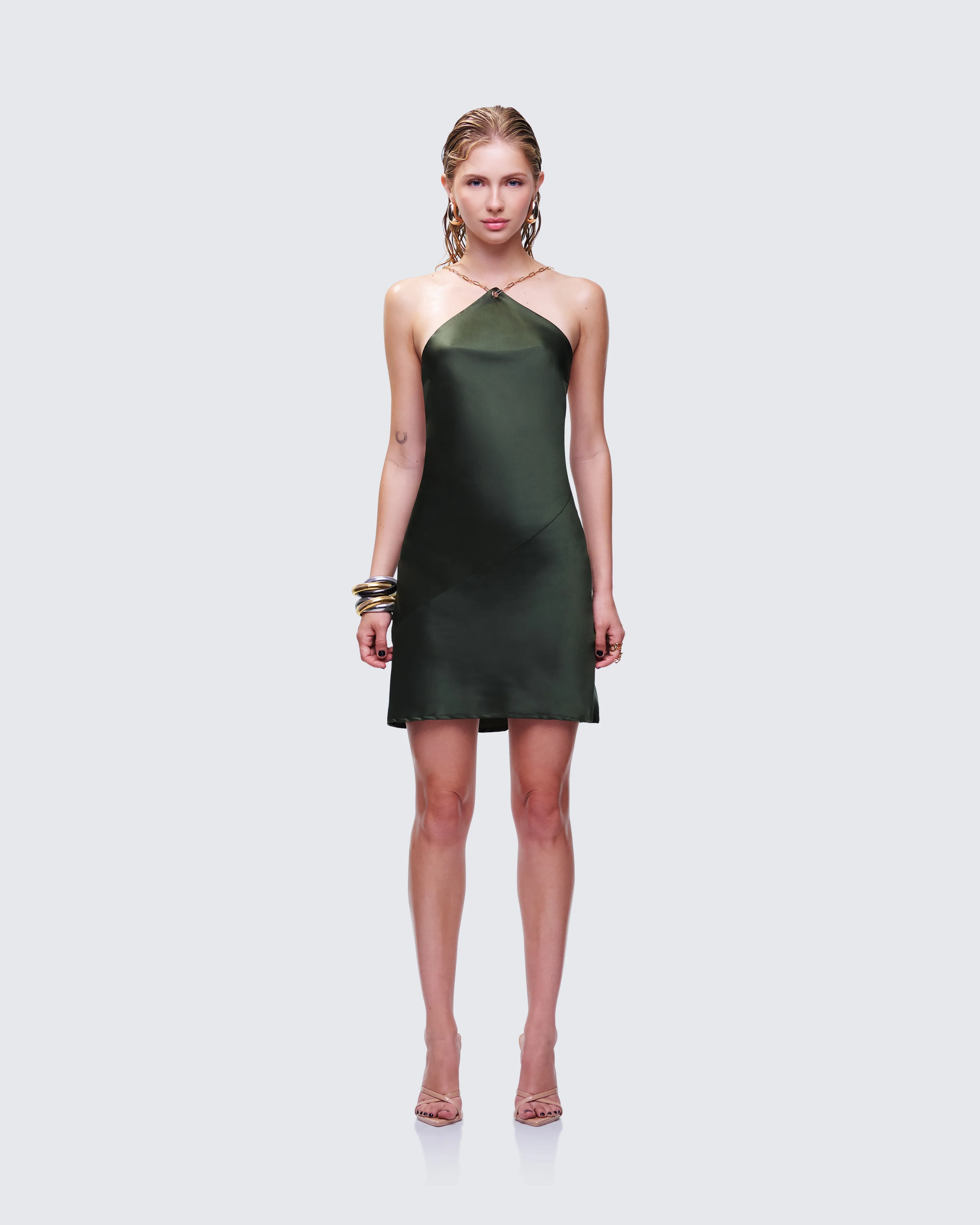 Bindi Olive Green Satin Mini Dress - Image 3