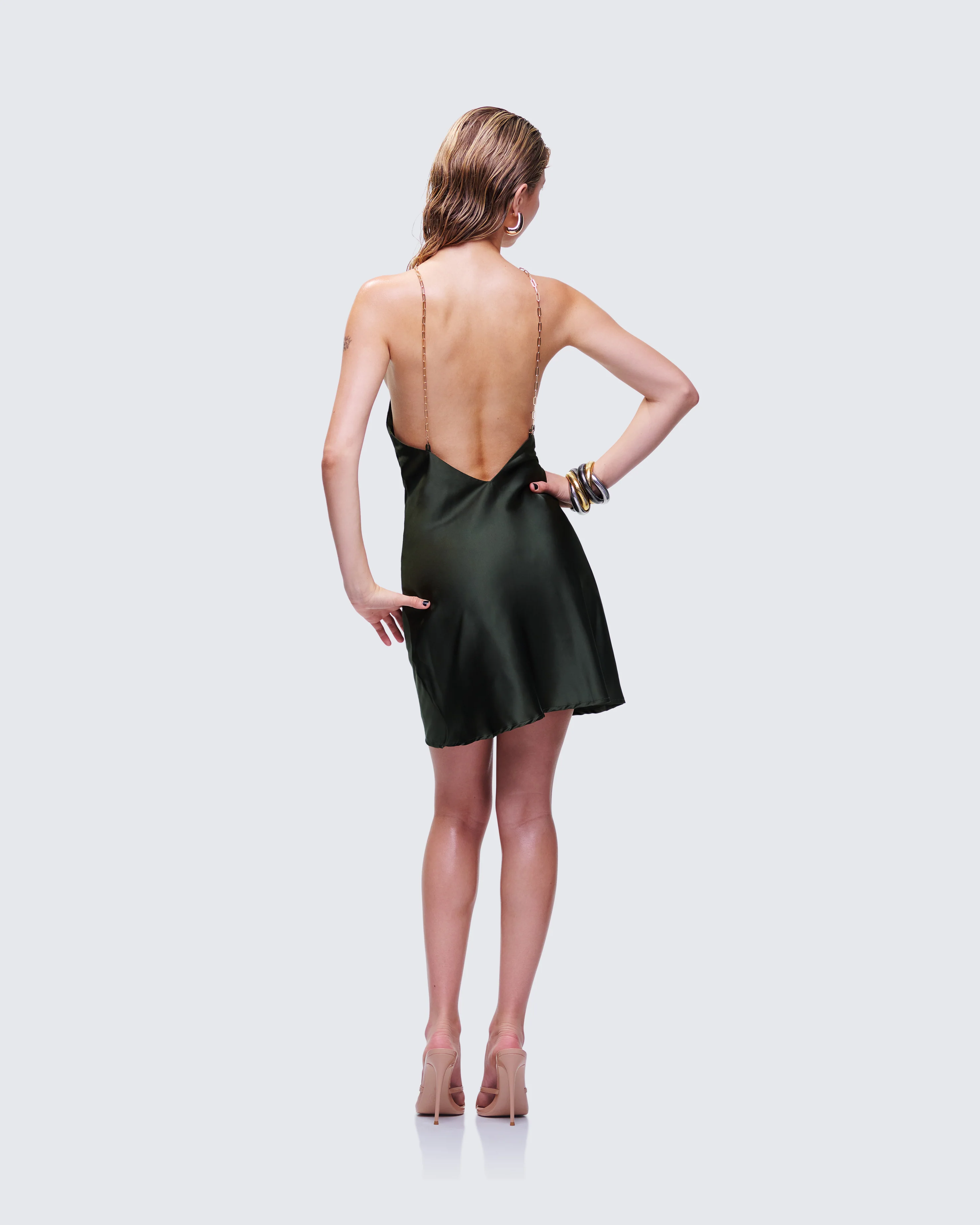 Bindi Olive Green Satin Mini Dress - Image 6