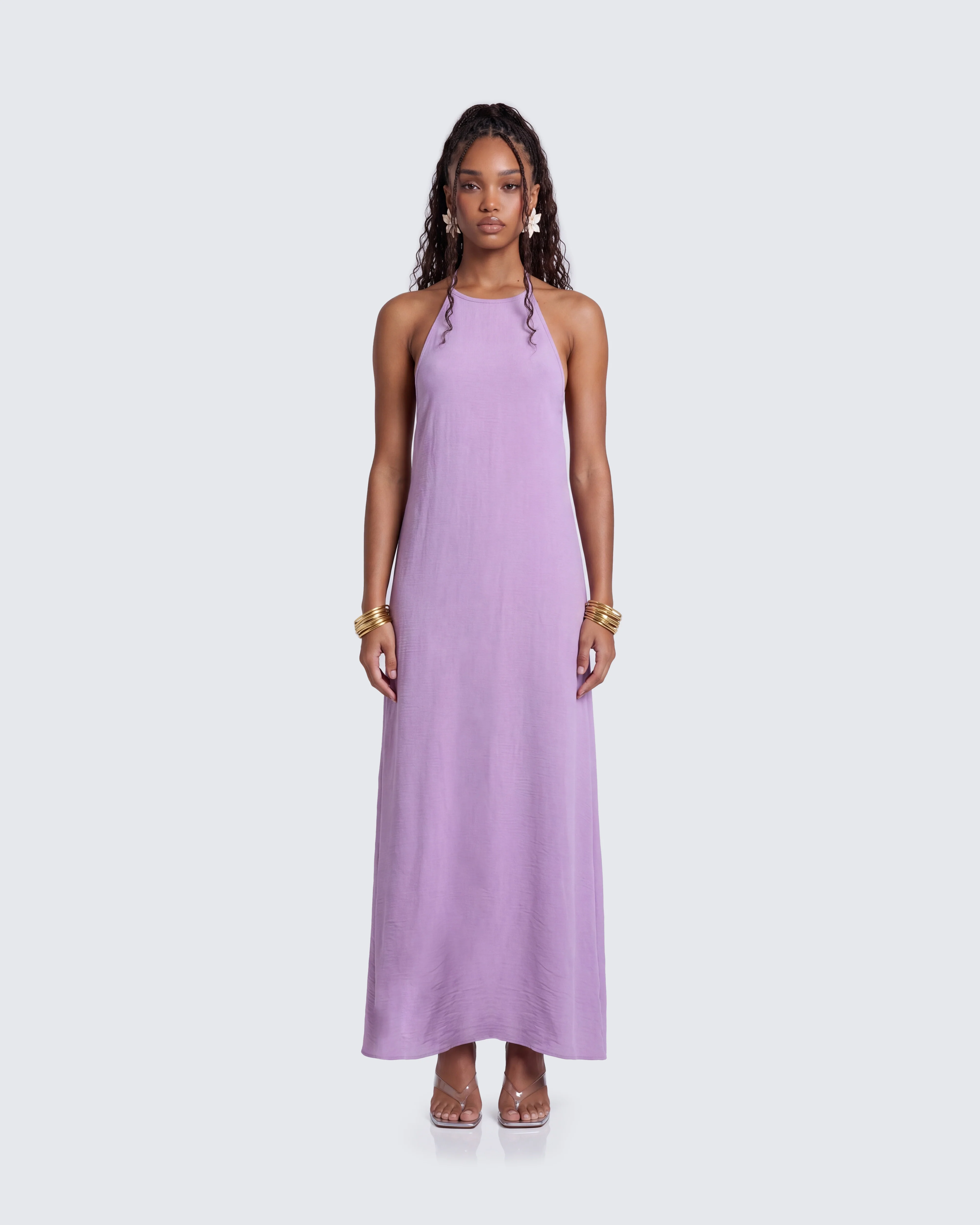 Debri Purple Open Back Halterneck Matt Satin Maxi Dress - Image 3