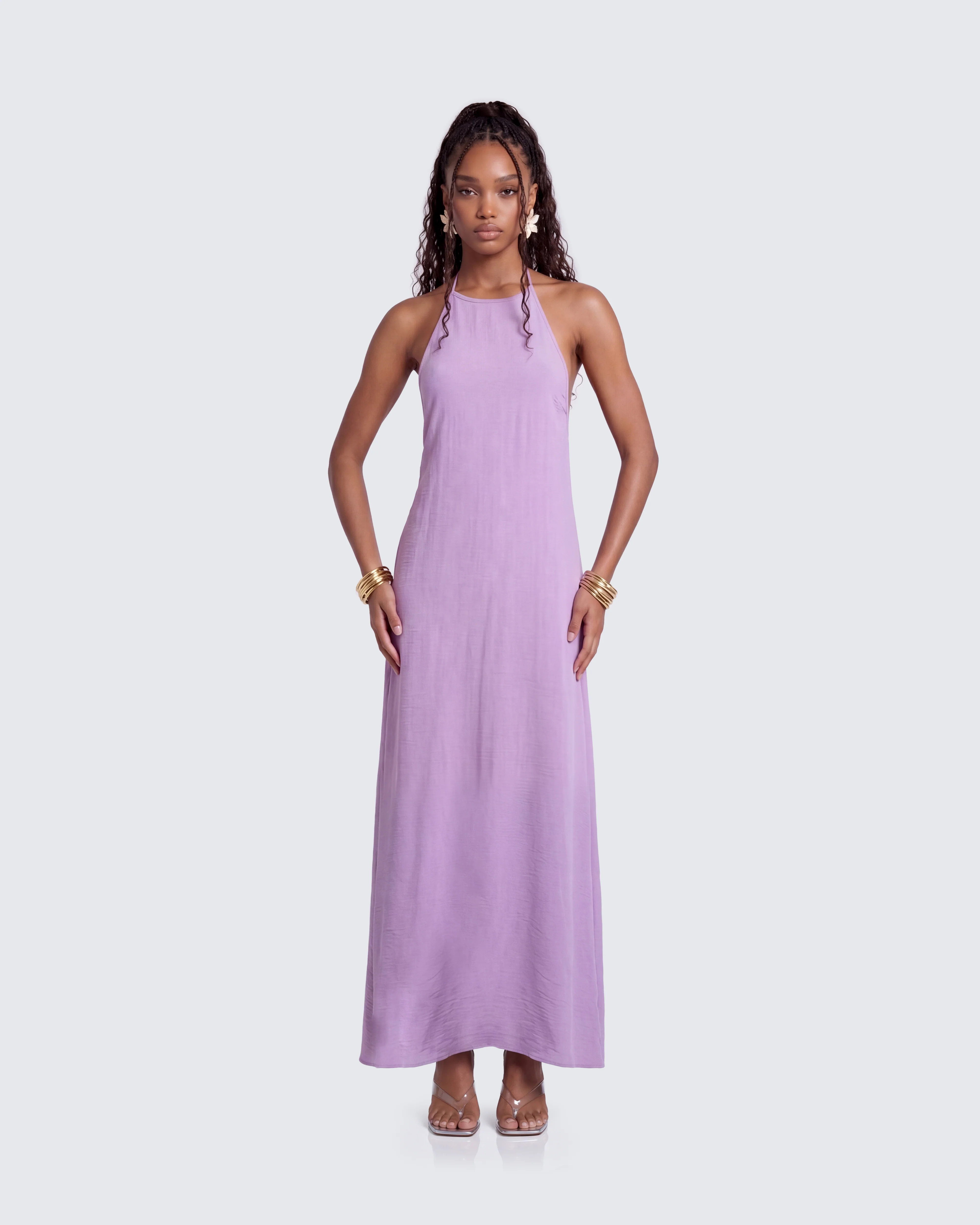 Debri Purple Open Back Halterneck Matt Satin Maxi Dress - Image 4