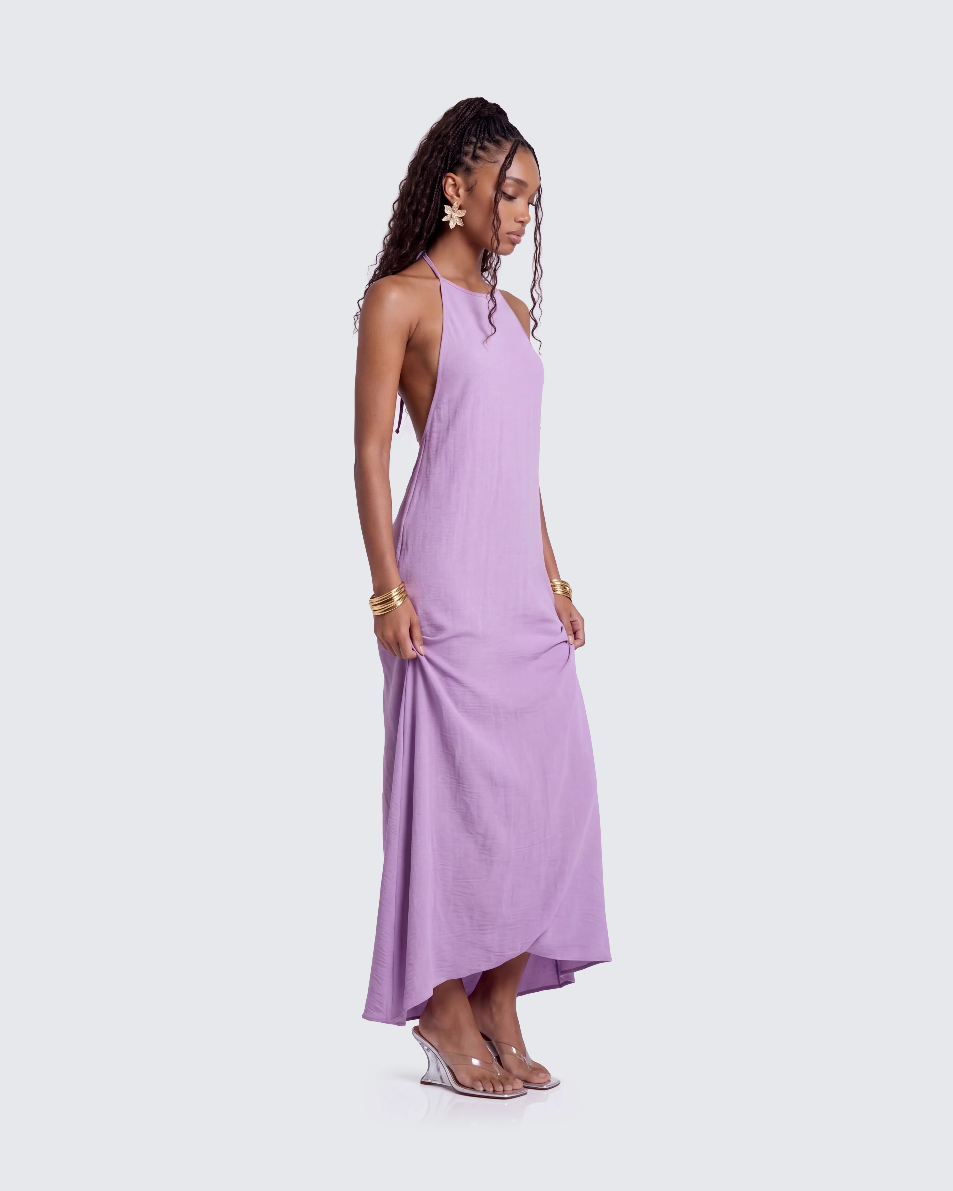 Debri Purple Open Back Halterneck Matt Satin Maxi Dress - Image 5