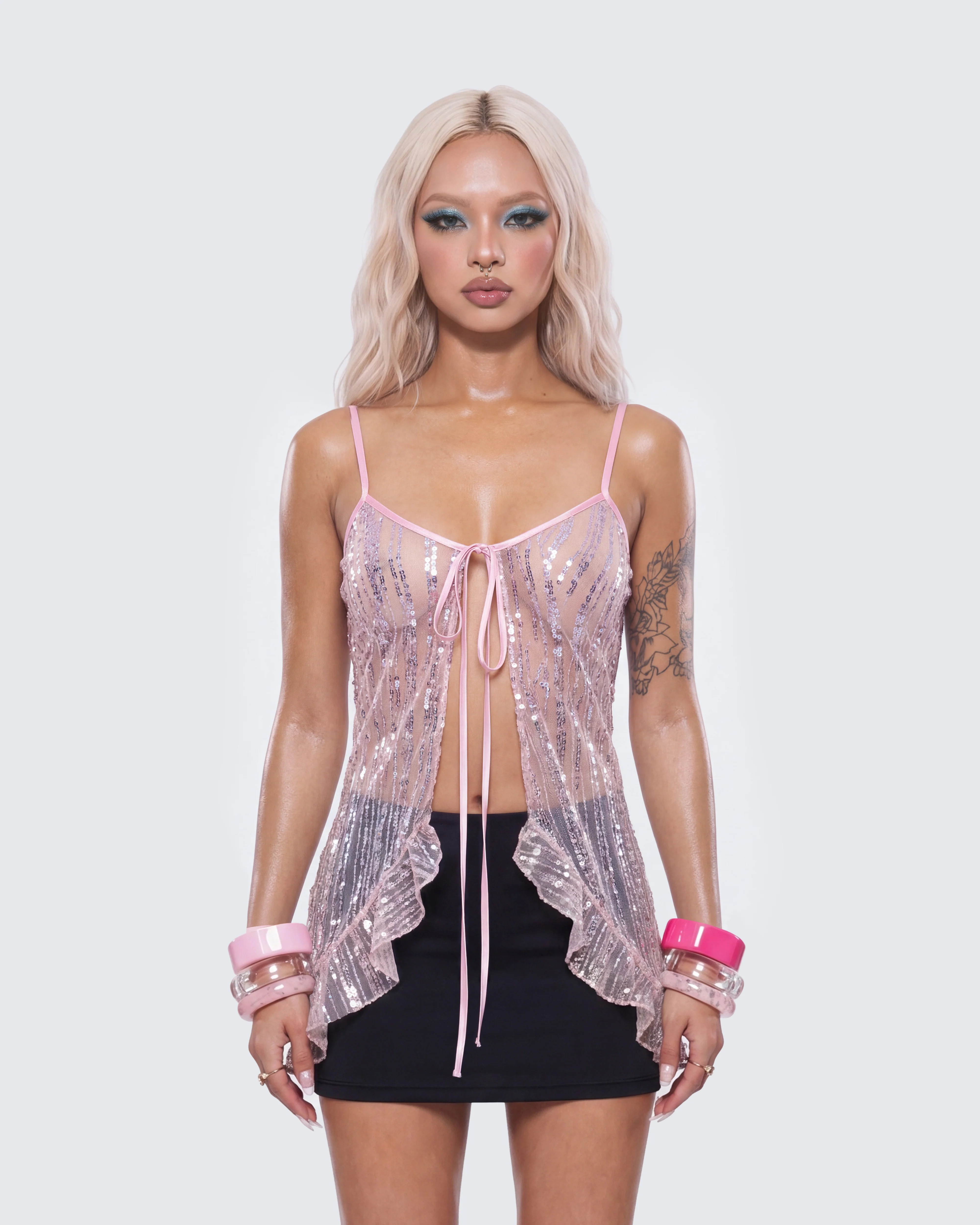 Ebba Pink Sequin Sheer Cami Top - Image 2