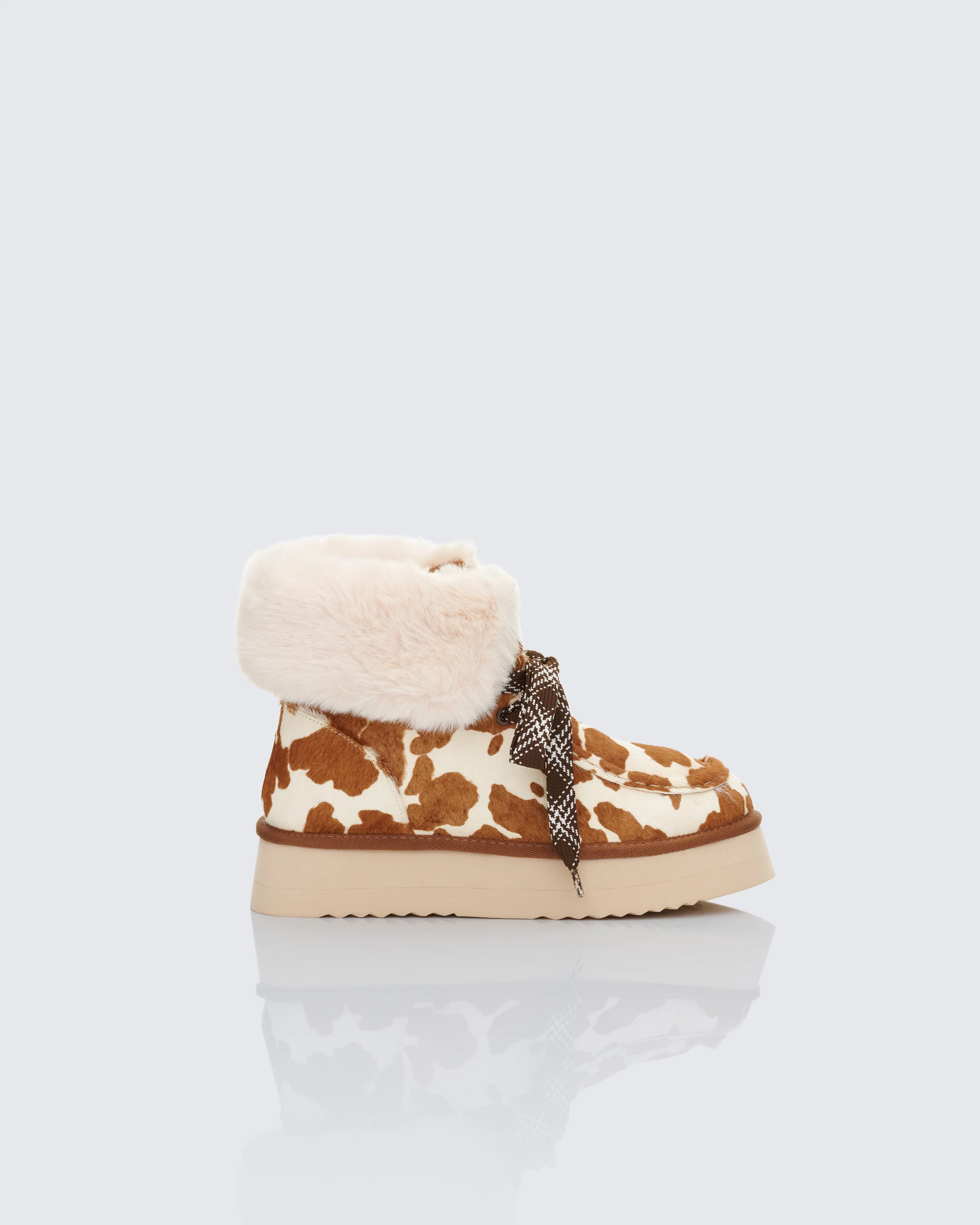 Honey Real Leather Cow Print Platform Lace Up Bootie