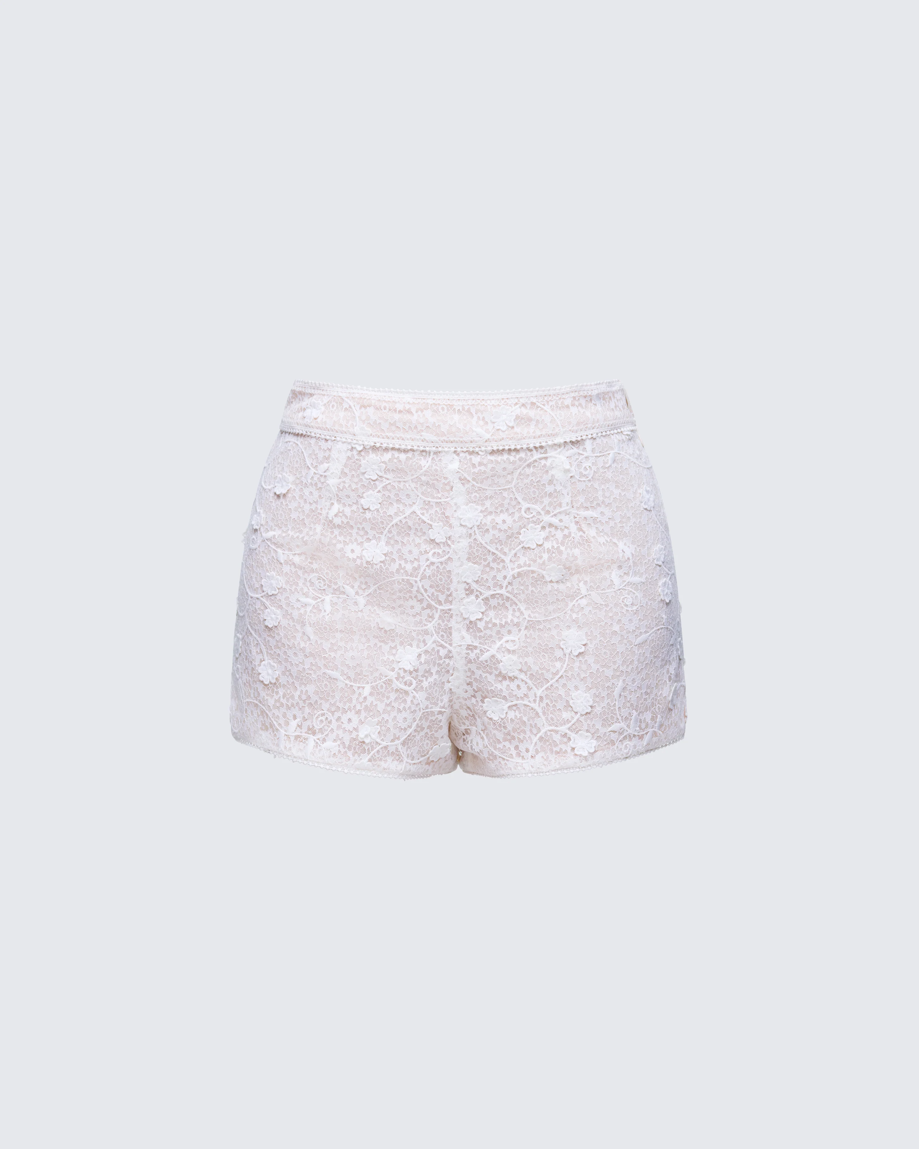 Keturah White Embroidered Lace Short