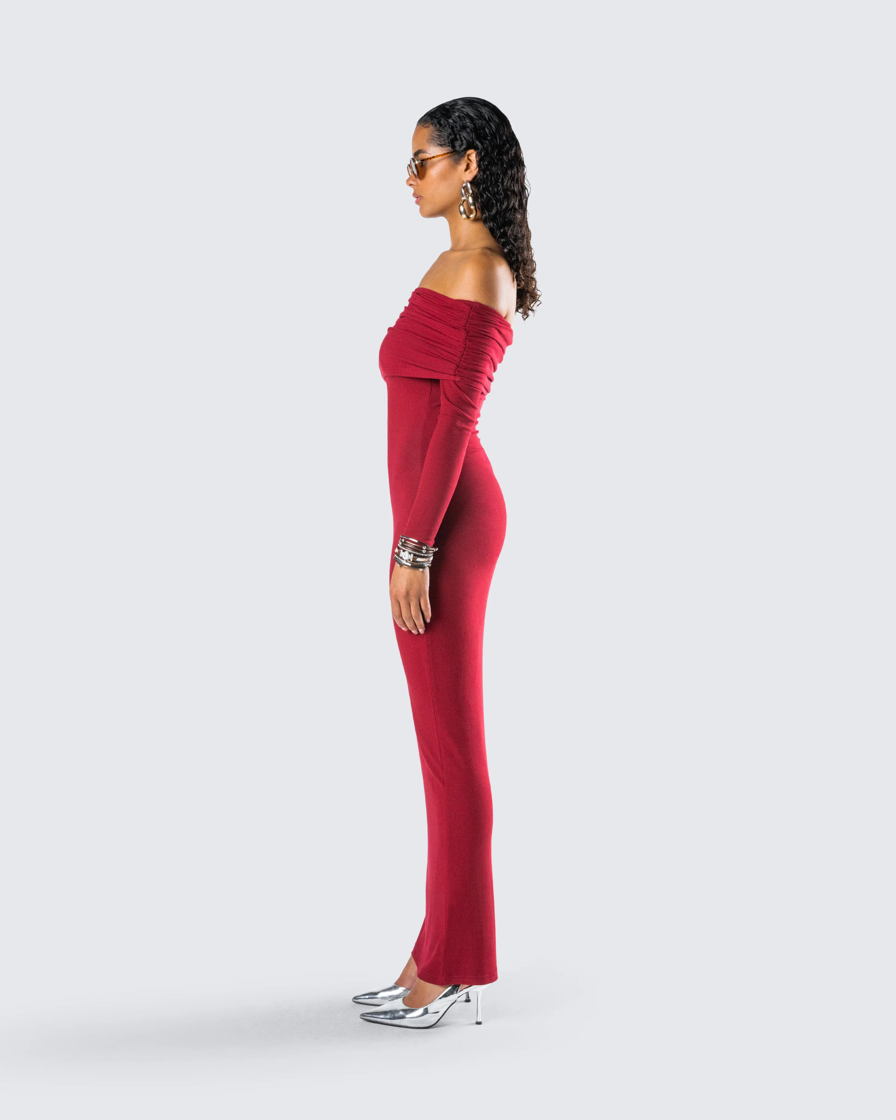 Kyan Burgundy Off Shoulder Maxi Dress - Image 5