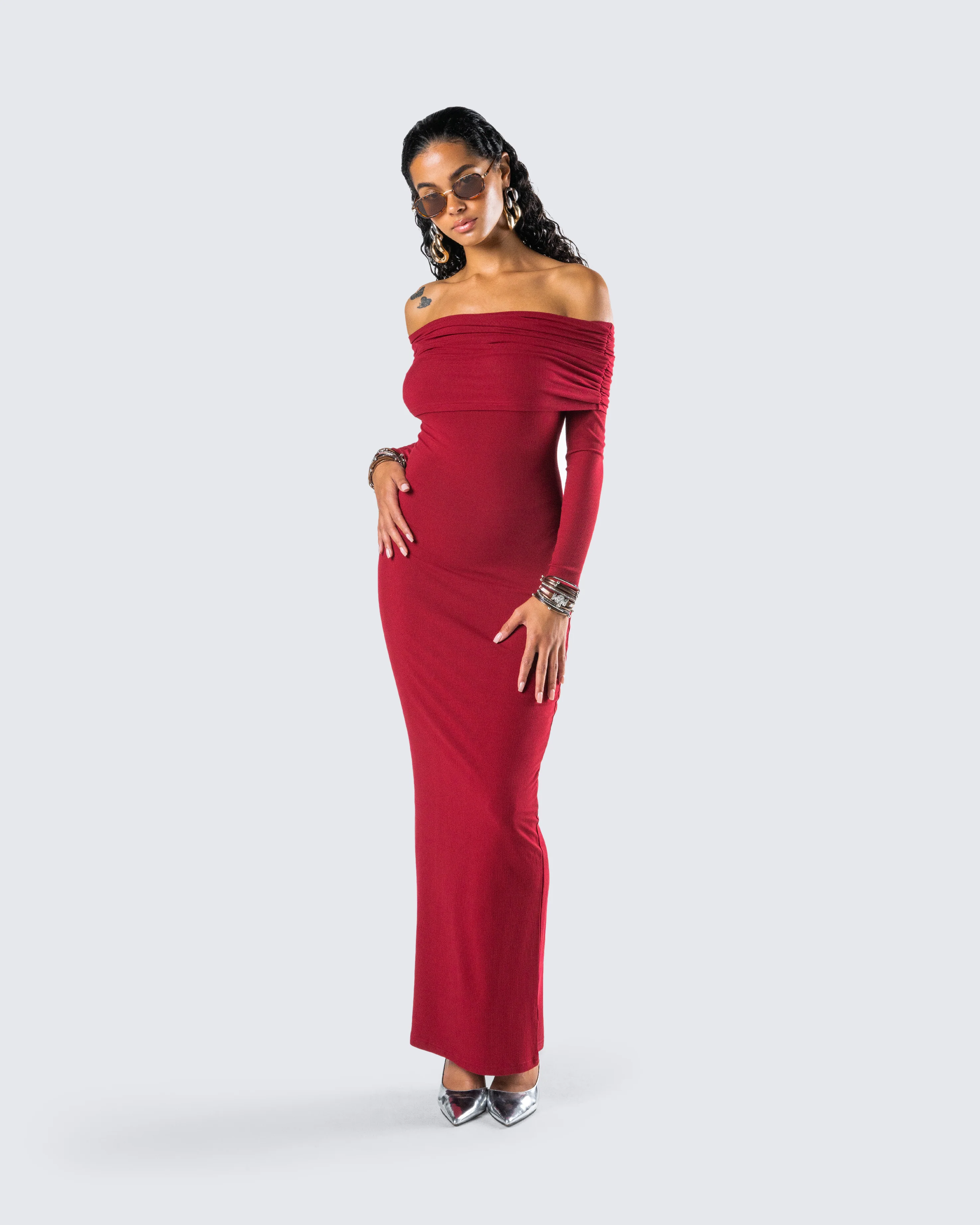 Kyan Burgundy Off Shoulder Maxi Dress - Image 7