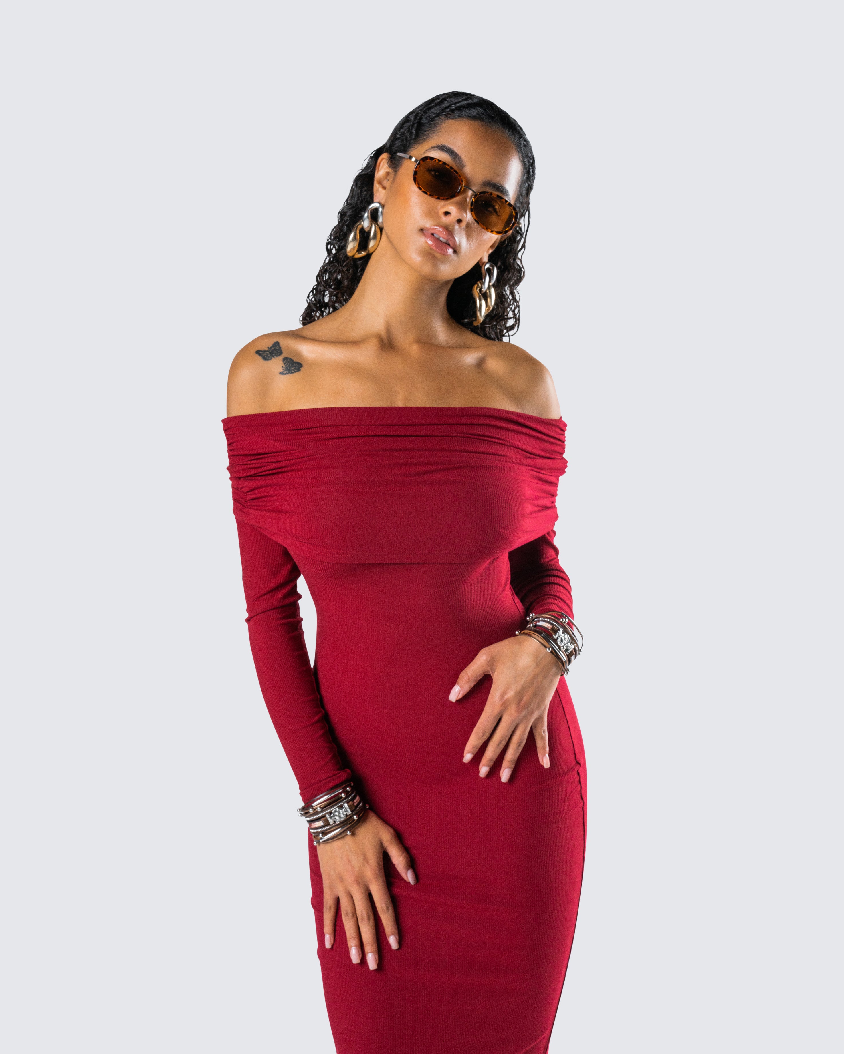 Kyan Burgundy Off Shoulder Maxi Dress - Image 8