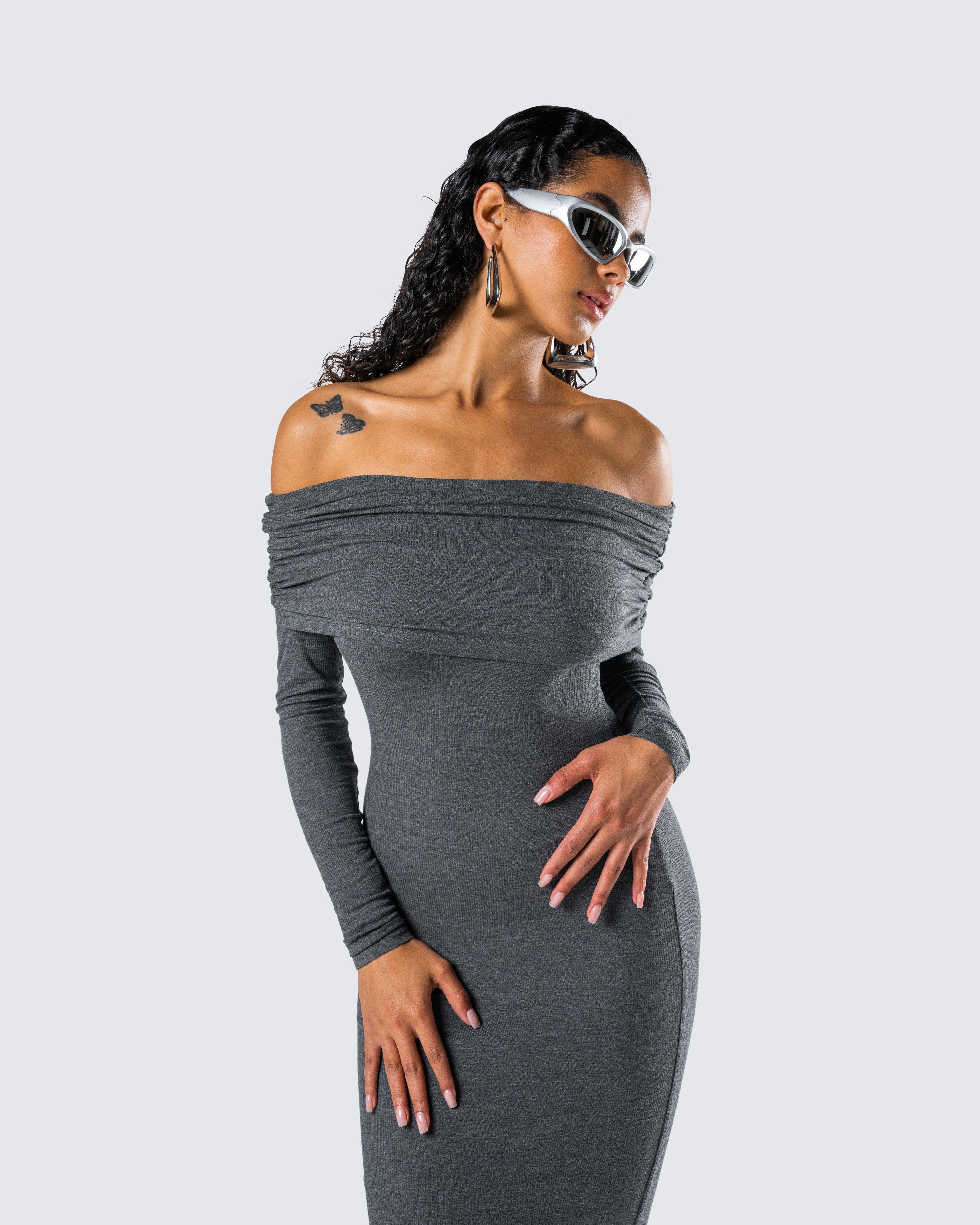 Kyan Charcoal Off Shoulder Maxi Dress - Image 8