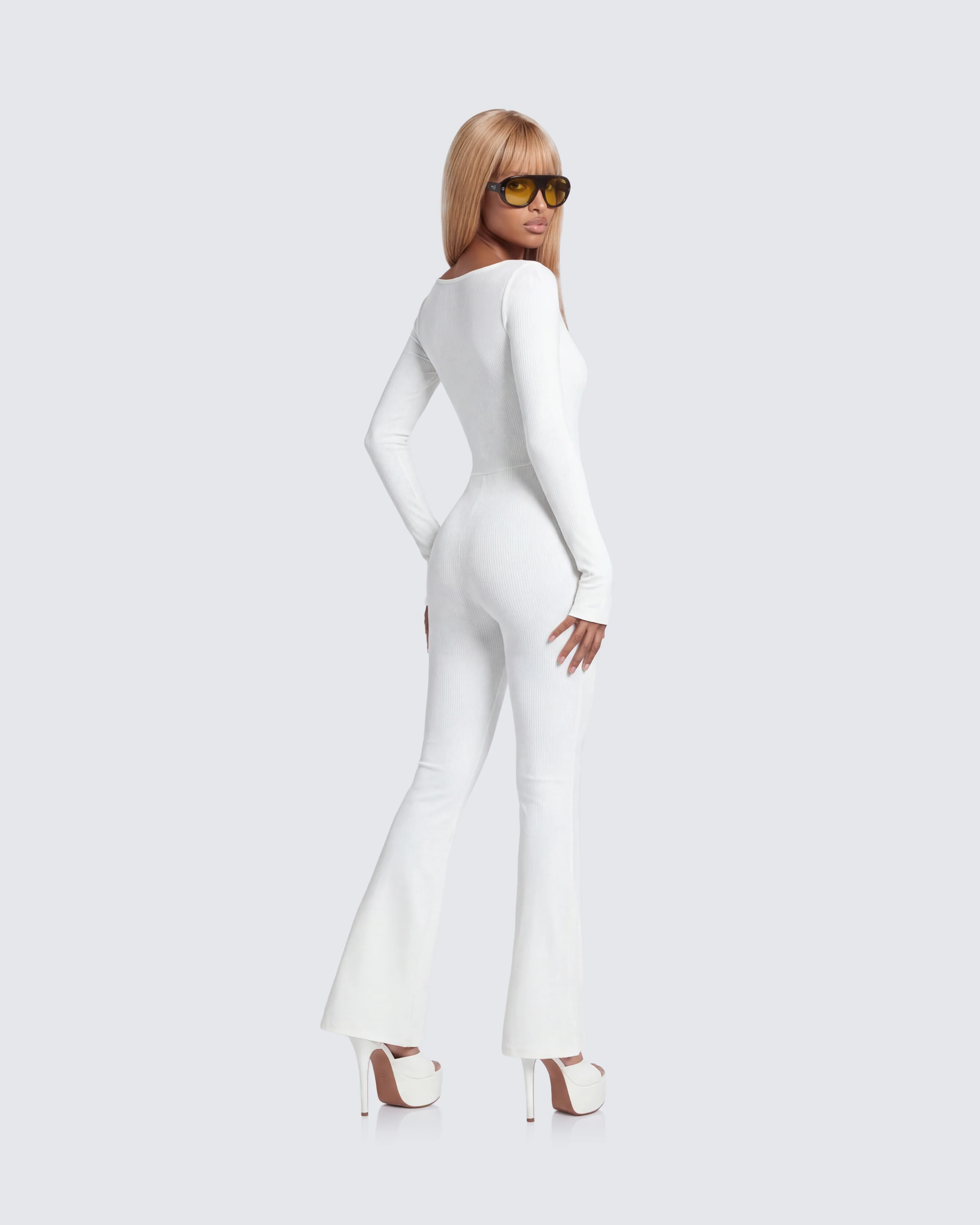Lirien Ivory Rib Kick Floor Flare Jumpsuit - Image 5