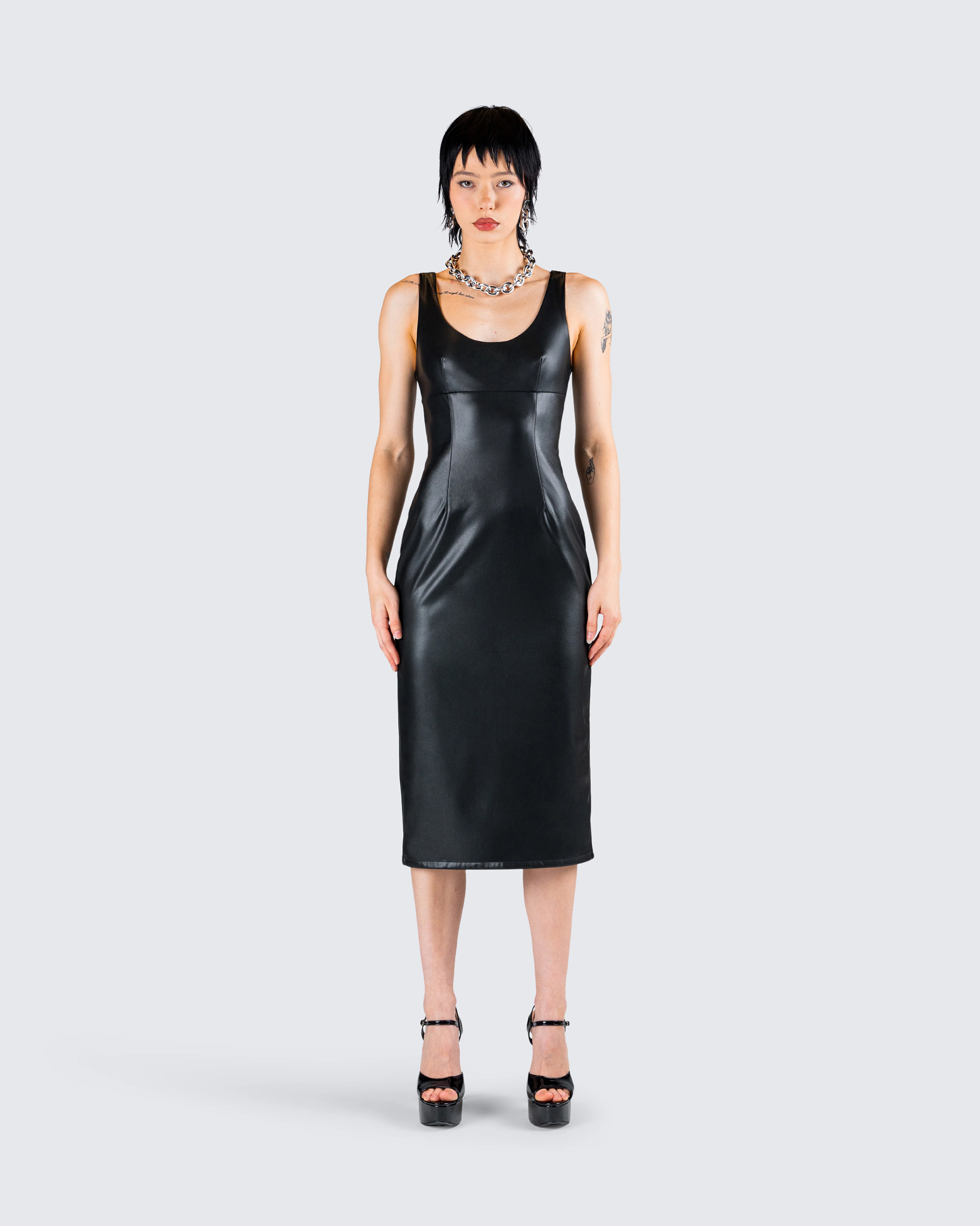 Maia Black Faux Leather Midi Dress - Image 2