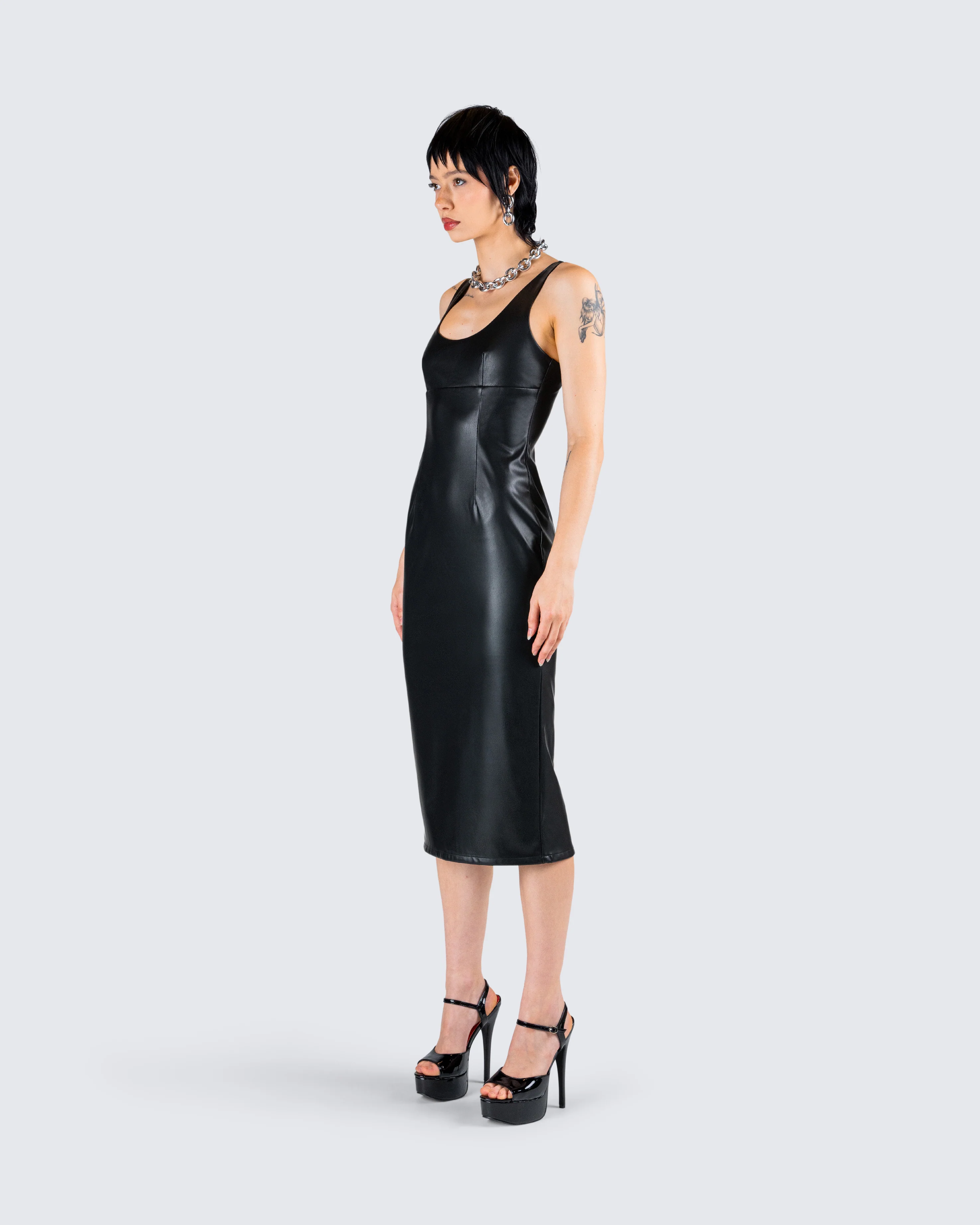 Maia Black Faux Leather Midi Dress - Image 3