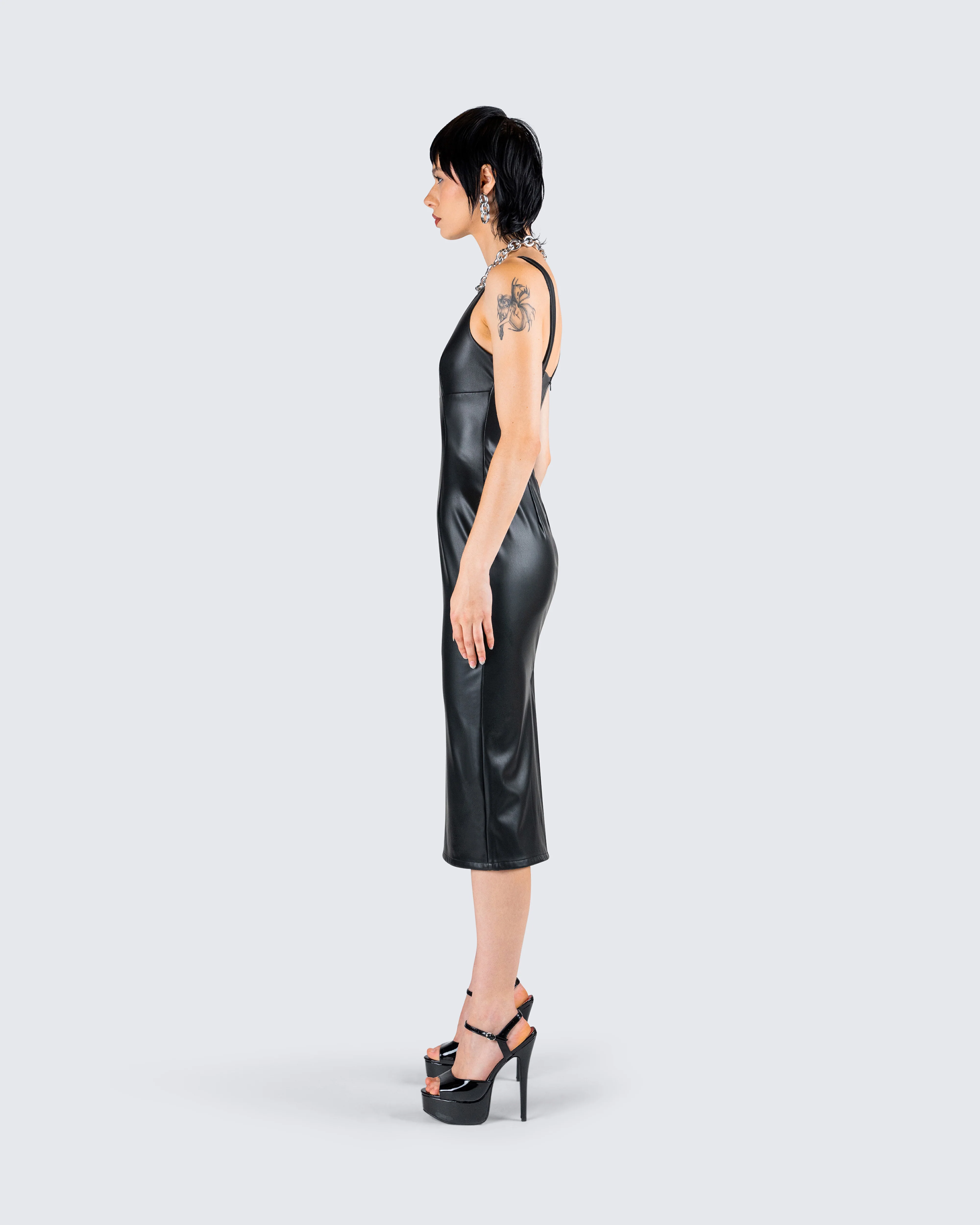 Maia Black Faux Leather Midi Dress - Image 4