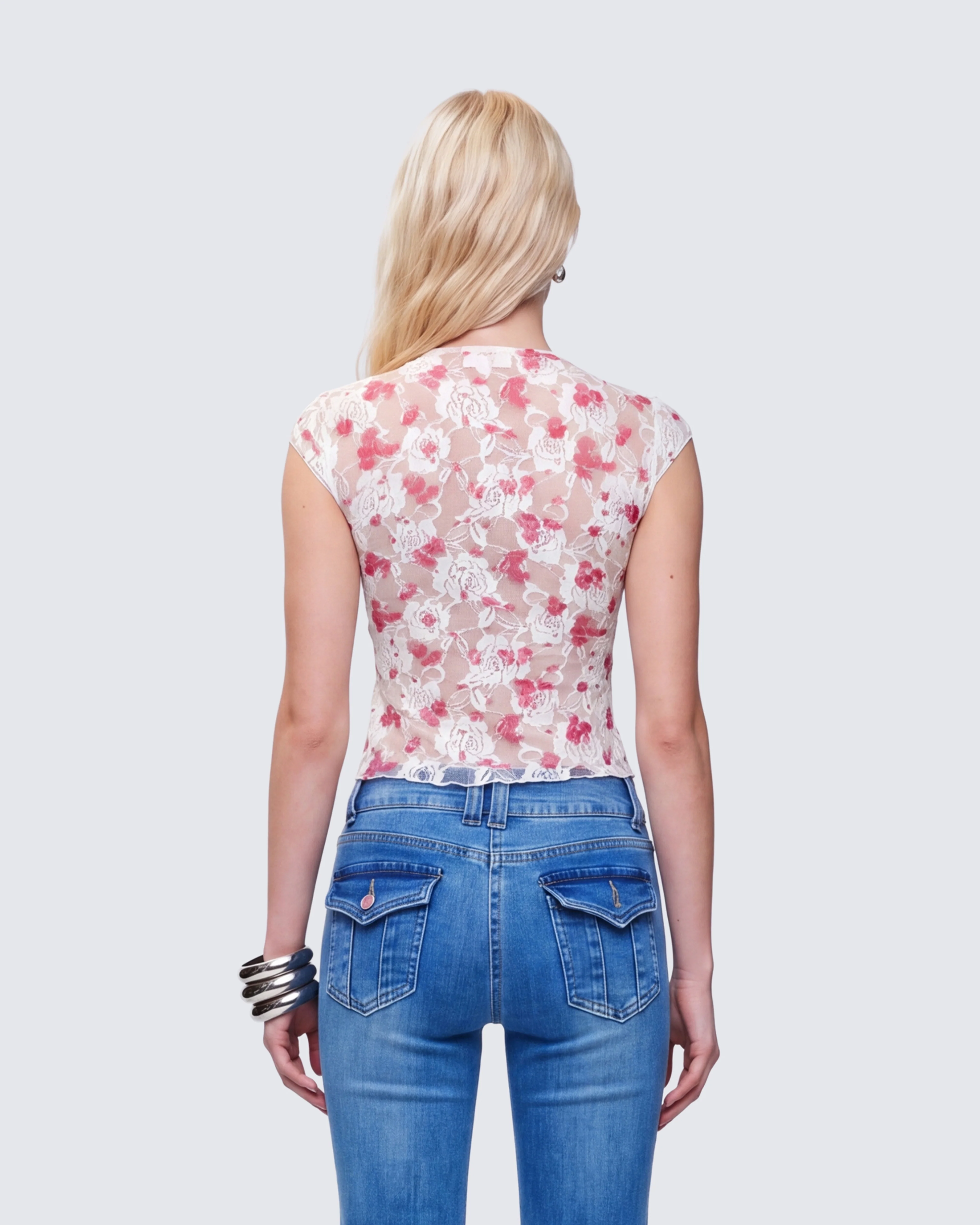 Mel Multi Printed Velvet Trim Stretch Lace Top - Image 5