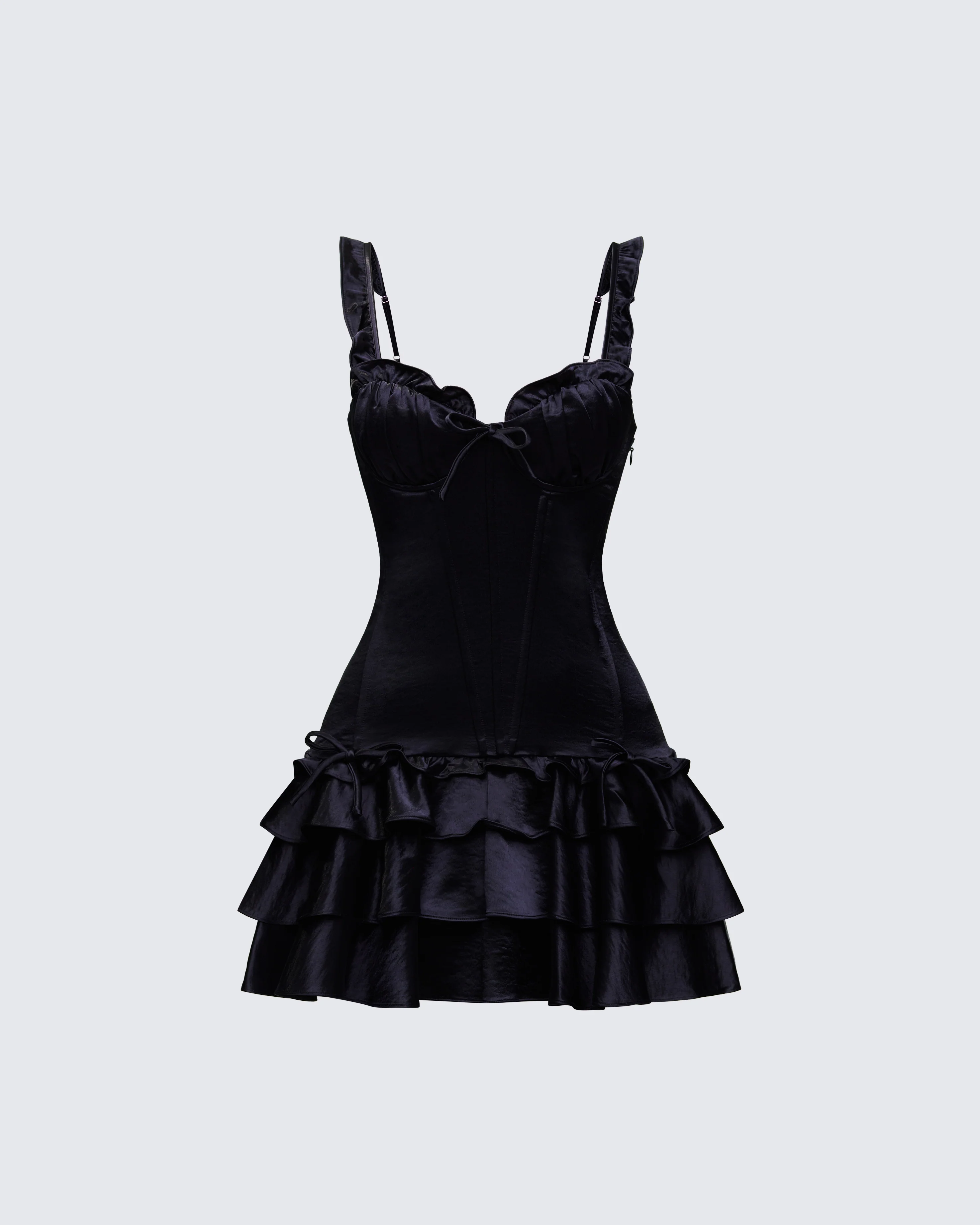 Odelle Black Satin Ruffle Dress