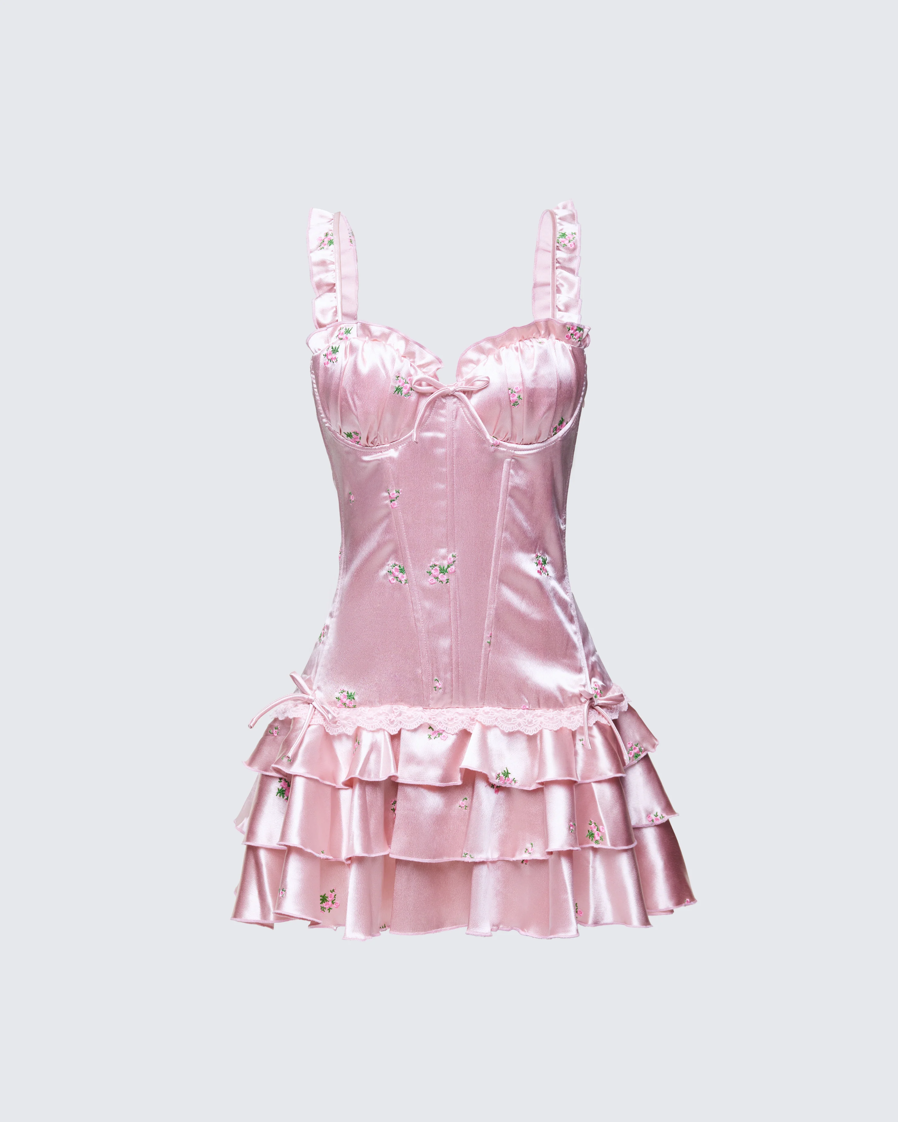Odelle Pink Embroidered Satin Ruffle Dress