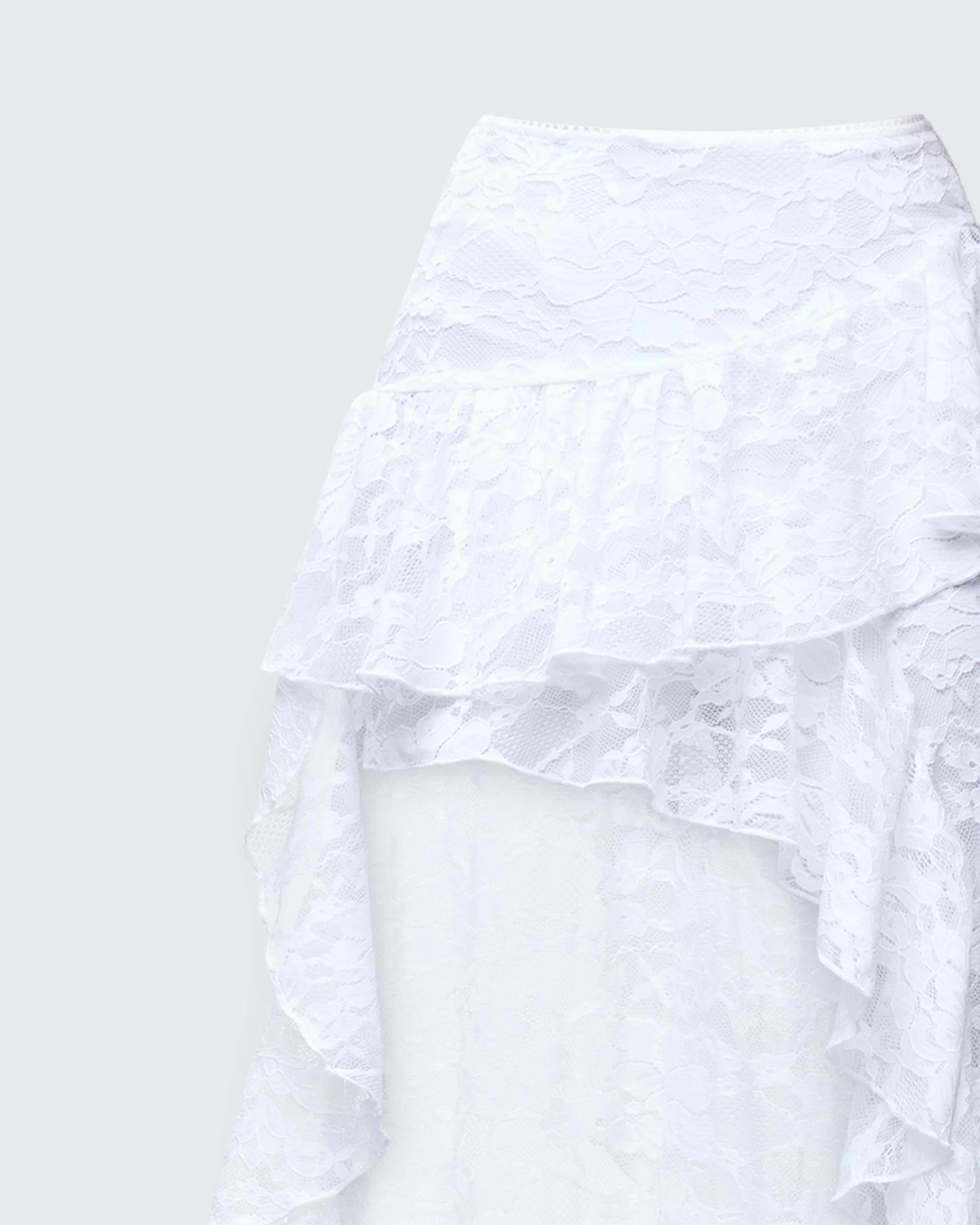 Rina White Lace Asymmetrical Hem Ruffle Skirt - Image 6