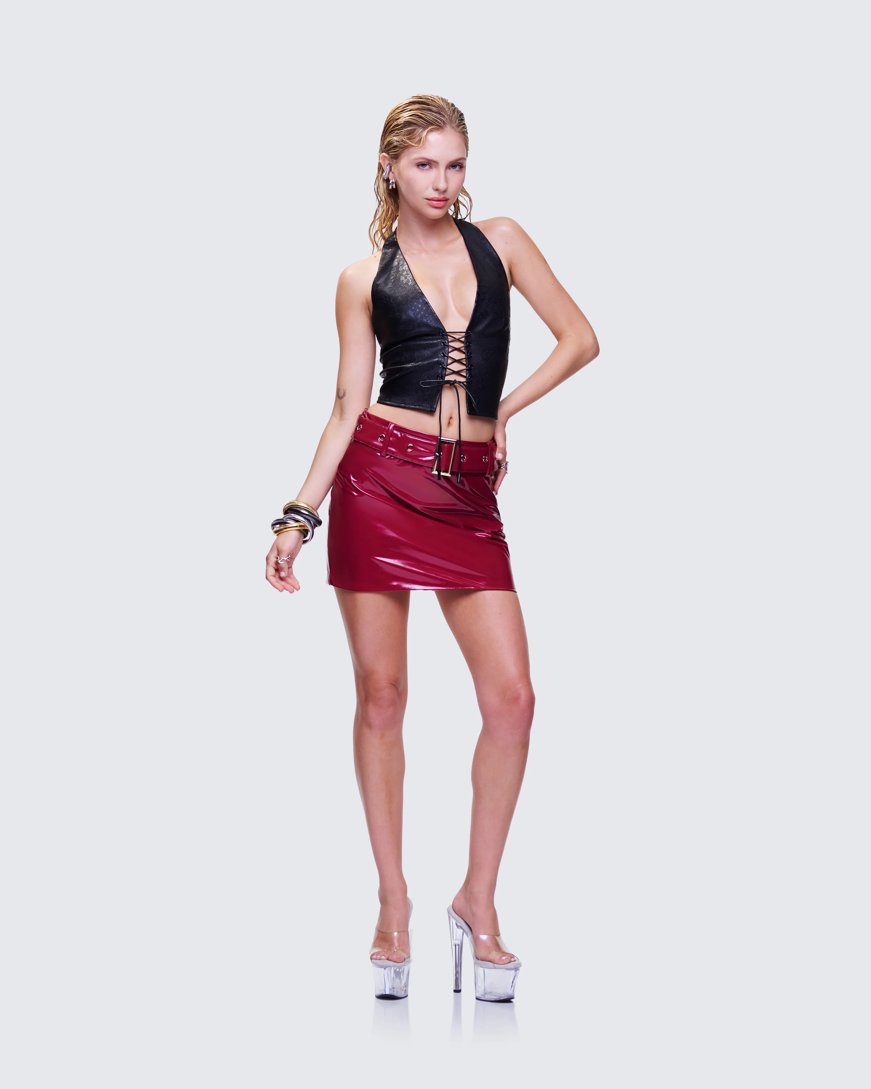 Severine Red Vegan Leather Belted Mini Skirt - Image 5