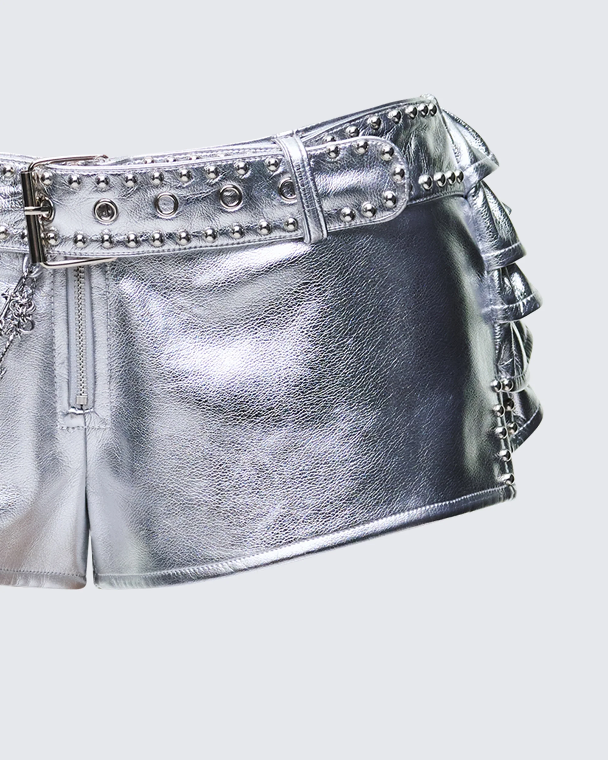 Jaxina Silver Vegan Leather Chain Belt Shorts - Image 6