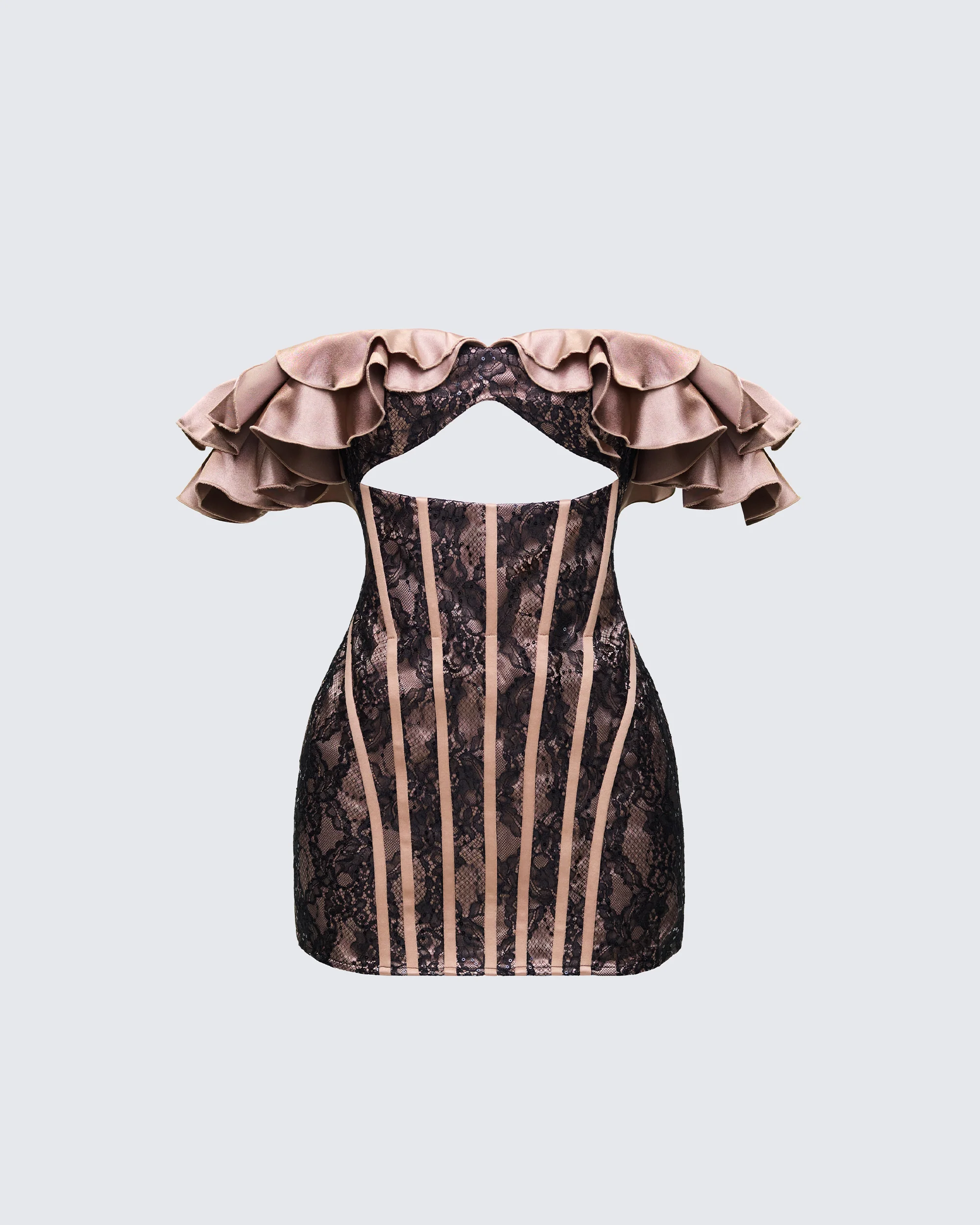 Starrah Brown Lace Ruffle Trim Mini Dress